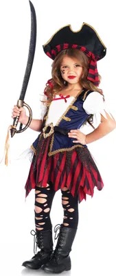 A young girl dressed as a pirate, holding a sword.