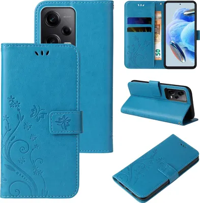 Produktbild von Handyhülle für Xiaomi Redmi Note 12 Pro 5G Floral Blumen Schmetterling Flip Cover Hülle Case Klapphülle Handytasche Farbe: Blau