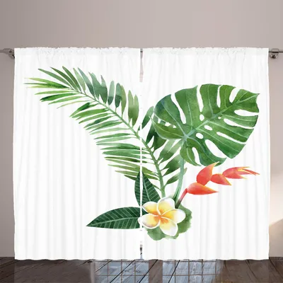 Produktbild von ARANDE Pflanze Gardine, Schöner Frangipani, der auf exotischem Kunst-Aquarell des tropischen Farns blüht, 280 x 245 cm, Farngrün Ringelblume