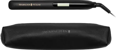 A black hair straightener and its black storage case are shown against a white background.