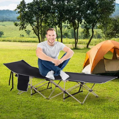 Produktbild von Feldbett klappbar, Campingbett tragbar, Campingliege Stahl Oxfordstoff, Schwarz | 190x68x52 cm | Belastbarkeit 150 kg | inkl. Tragetasche