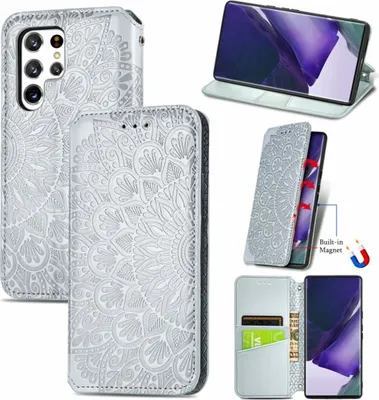 Produktbild von König Design Hülle kompatibel mit Samsung Galaxy S22 Ultra 5G Kunstleder Handyhülle - Handy Case Silber