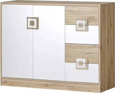 Produktbild von Furniture24 Kommode NICO 08 , Schrank, Mehrzweckschrank, Sideboard mit 2 Türen und 4 Schubkasten Hell Eiche/Weiß/Hell Eiche