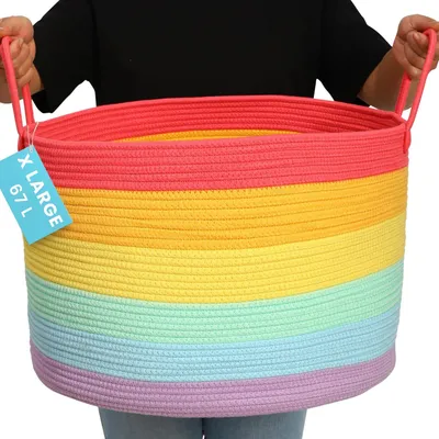 Produktbild von Wäschekorb für Kinderzimmer, Spielzeugkorb, großer geflochtener Korb mit Griff, faltbar & stabil, Aufbewahrungskorb für Kinder für Decken, Spielzeug & Kleidung,