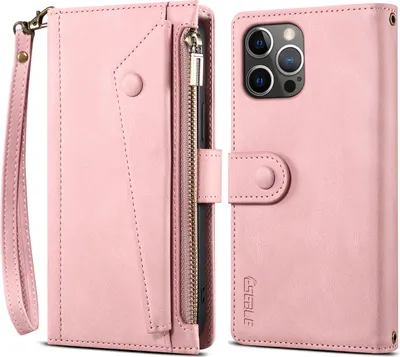 Produktbild von Schutzhülle für iPhone 12 Pro Max Reißverschluss Hülle, Leder Klapphülle Kartenfach Standfunktion Brieftasche mit Trageband Rosa