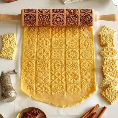 Produktbild von Nudelholz zum Backen, weihnachtliches Nudelholz, tief geprägtes Nudelholz, Küchenaccessoire, Werkzeuge zum Backen von verzierten Plätzchen