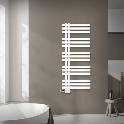 Obrázek produktu pro LuxeBath Designové koupelnové otopné těleso, 500x1200 mm, bílé, připojovací sada termostatu univerzální rohová a přímá, bez topného tělesa