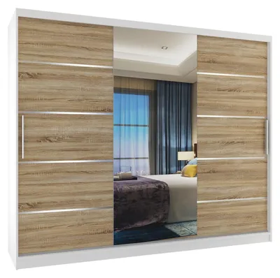 Immagine prodotto di BELINI Verona, armadio scorrevole da 232 cm, bianco/effetto legno sonoma opaco - armadio con specchio e 4 cassetti, ideale per la camera da letto