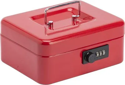 Zdjęcie produktu dla Metalowa skarbonka – zamek szyfrowy – czerwona – 20 cm – metalowy uchwyt – 9 x 20 x 16 cm – z kieszenią na pieniądze