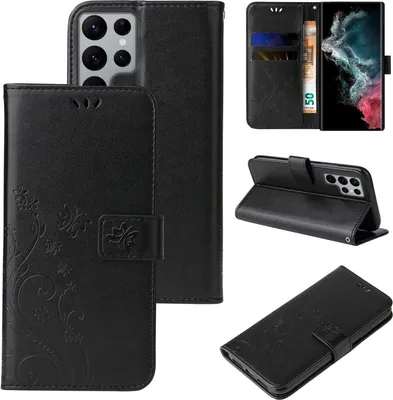 Produktbild von Handyhülle für Samsung Galaxy S23 Ultra Floral Blumen Schmetterling Flip Cover Hülle Case Klapphülle Handytasche Farbe: Schwarz