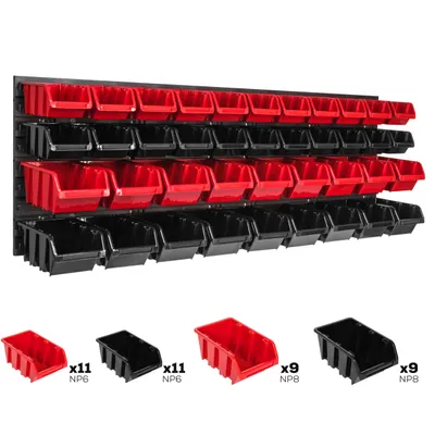 Produktbild von Lagersystem Wandregal 1152 x 390 mm | 40 stck. Box | Stapelboxen Schüttenregal Sichtlagerkästen | Extra Starke Wandplatten | Regal Erweiterbar | Werkstattregal Lagerregal Werkstattwandregal Steckregal
