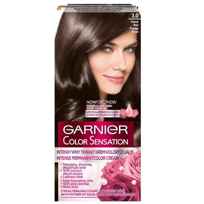 A box of Garnier Color Sensation hair dye, featuring a model with brown hair and images of roses.