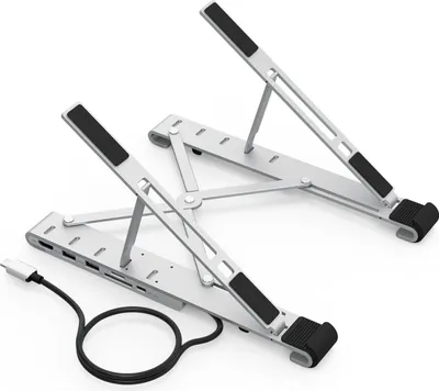 Two silver and black laptop stands are shown against a white background. One stand is in the foreground and the other is in the background, slightly behind and to the right.