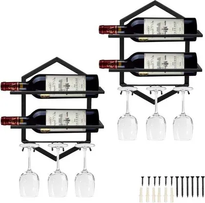 Productafbeelding van Wijnrek voor keuken, wijnbar, wandmontage met ruimte voor glazen en flessen, geschikt voor 2 flessen en 3 glazen (rood).  voor bar en woonkamer