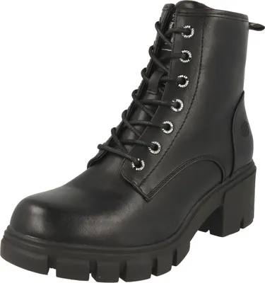 A black lace-up boot with a platform sole and block heel, shown from the side against a white background.