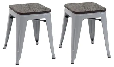 Produktbild von 2er-Set Hocker mit Holz-Sitzfläche, Metallhocker im Industriedesign, stapelbar - grau