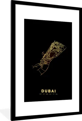 Produktbild von MuchoWow® Gerahmtes Poster Dubai - Stadtplan - Schwarz und Gold 60x90 cm - Poster mit Schwarzem Bilderrahmen Wandposter Rahmen Foto Bilder - Dekoration - Wandposter Wohnzimmer - Hochwertig