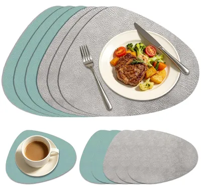Platzdeckchen-Set 6-tlg., wasserdicht, rutschfest, hellgrau/blau