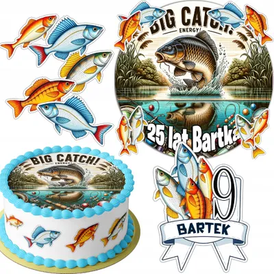 Produktbild von Zestaw Opłatek Na Tort 20Cm + 16 Postaci - Wędkarskie Rybak +Imię 15Cm 18Cm