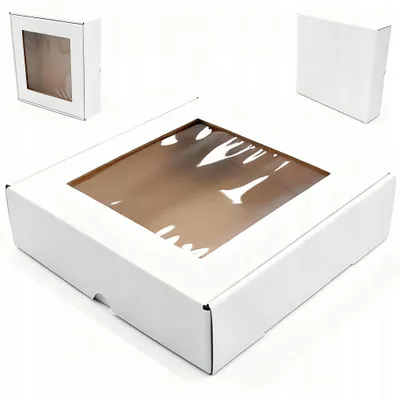 Produktbild von 25 x 25 x 5 cm Quadratische Geschenkbox mit Sichtfenster, weiß – 100er-Set