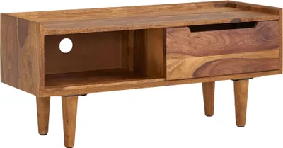 A wooden TV stand with a drawer and an open compartment, shown from the front.