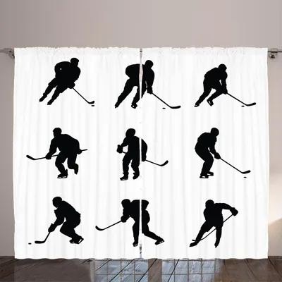 Produktbild von ARANDE Eishockey Gardine, Sammlung Spieler-Schattenbilder in den verschiedenen Schwarzweiss-Positionen mit Stöcken, 280 x 245 cm, Weiß Schwarz