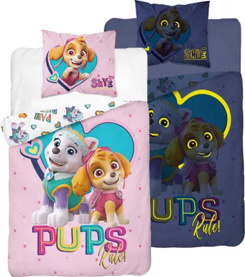 A Paw Patrol themed bedding set with two different designs shown side-by-side.
