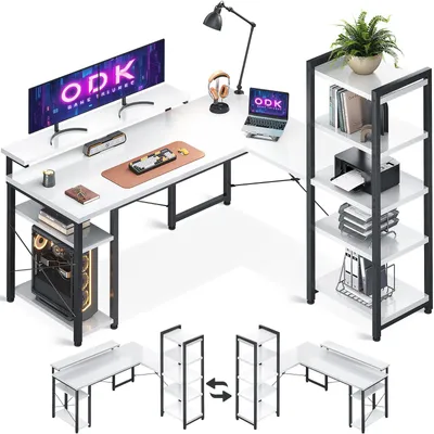 Eckschreibtisch L-Form mit Bücherregal, Monitorständer, Weiß, 140x137x139,5 cm