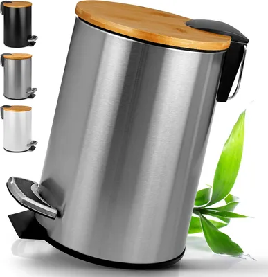 Productafbeelding van Famanu afvalbak met bamboe deksel - 5 liter - zilver
