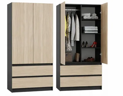 Obrázek produktu pro Šatní skříň, dvoudveřová, šířka 90 cm, prostorná, barva: antracit, Imitace: dub Sonoma