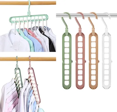Multiple magic hangers in different colors holding clothes, displayed separately and in use.