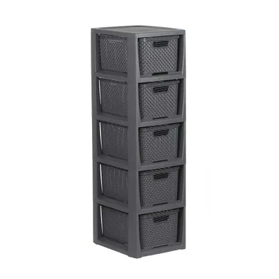 Produktbild von BranQ - Home essential Regal in Rattan Design, BPA-freie Kunststoff PP, Anthrazit, 29,5 x 24 x 80 cm, 5 Körben
