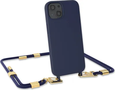 Produktbild von EAZY CASE Handykette Silikon mit Clips 2 in 1 kompatibel mit Apple iPhone 13 Handyhülle mit Umhängeband, Handykordel mit Silikon, Hülle mit Band, Kette für Smartphone, Blau - Clips Gold