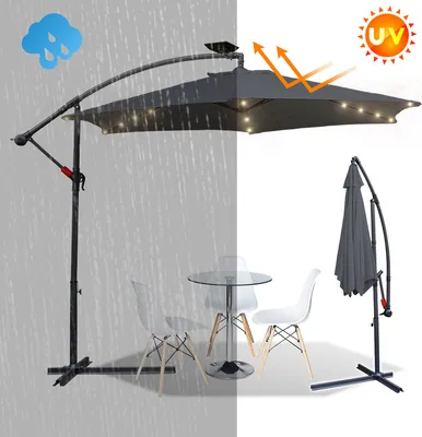 Produktbild von Fiqops 3m Sonnenschirm UV40+ Camping Pendelschirm Pavillon LED Solar Gartenschirm mit LED -Grau