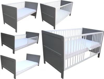 Produktbild von Kinderbett Juniorbett Beistellbett 140x70 cm 3in1 mit Matratze grau-weiß