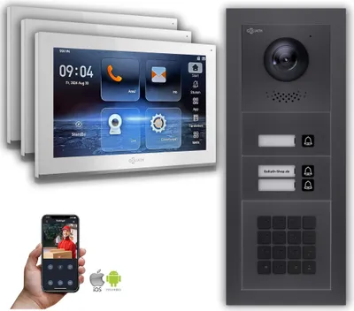 Produktbild von Goliath IP Video Türsprechanlage: 10-Zoll 3 Familienhaus, Zahlencode, Anthrazit  : 10 Zoll Weiß : 4er POE : Unterputzdose Anschluss: 4er POE Monitor Farbe: 10 Zoll Weiß Montage: Unterputzdose