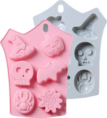 Obrázek produktu pro 2 ks Halloween silikonové formy na pečení, nepřilnavé silikonové formy na dort Ghost Pumpkin, formy na sušenky DIY Halloween Bat, lebka a čokoláda Fondantová sada forem na pečení pro kuchyňské nástroje na pečení
