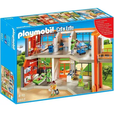 A Playmobil children's hospital playset is shown on its packaging.