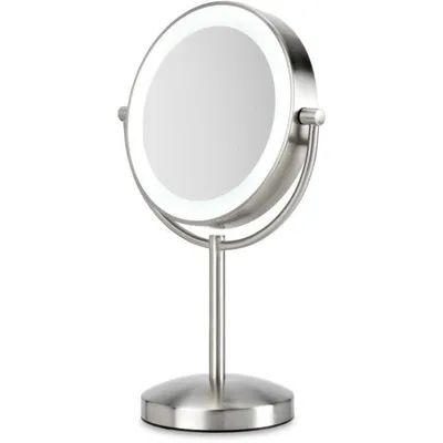 A silver makeup mirror with LED lighting on a white background.
