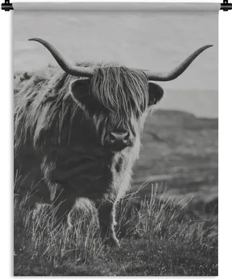 Produktbild von MuchoWow® Wandteppich Wandbehang Schottische Hochlandbewohner - Natur - Kühe - Tiere - Schwarz und weiß 120x160 cm Tapisserie Dekoration Wandtuch - Wohnzimmer - Moderne