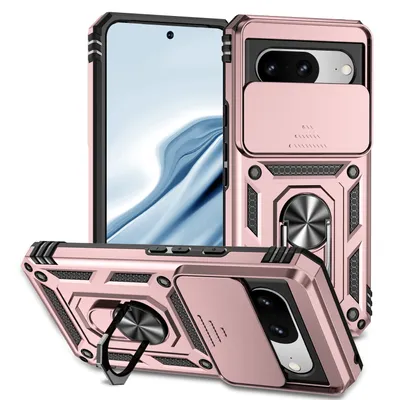 Immagine prodotto di Custodia per Google Pixel 8 a doppio strato con copertura scorrevole della fotocamera e supporto ad anello Rosa