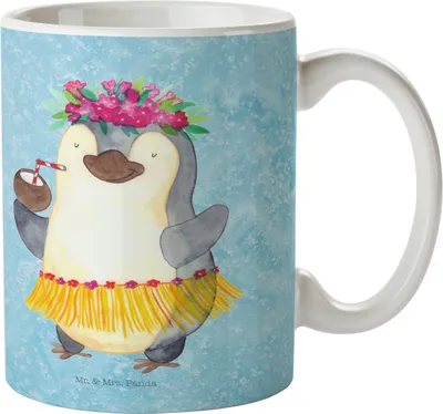 Produktbild von Mr. & Mrs. Panda Kaffeetasse Pinguin Kokosnuss - Eisblau - Geschenk, kaffeebecher bedruckt, Urlaub, Teetasse, Becher, Erholt, Tasse, Hawaii