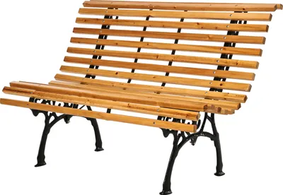 A wooden and metal park bench is shown against a white background.