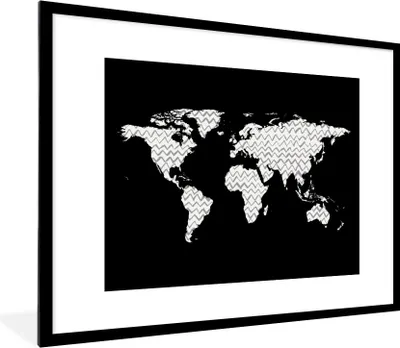 Produktbild von MuchoWow® Gerahmtes Poster Weltkarte - Muster - Schwarz 80x60 cm - Poster mit Schwarzem Bilderrahmen Wandposter Rahmen Foto Bilder - Schlafzimmer-Dekorationen - Fotoposter