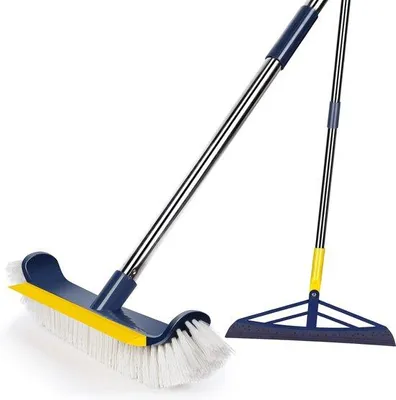 Immagine prodotto di Spazzola per pavimenti Unyqoos® con manico – testina spazzola da 37 cm, manico in acciaio inossidabile regolabile fino a 120 cm, setole in PP resistenti, inclinazione di 45°, inclusa una spatola in gomma girevole a 180°, ideale per bagno, piscina, cucina e pavimenti in piastrelle