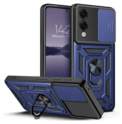 A blue and black rugged phone case with a camera cover and a ring stand, shown from multiple angles.