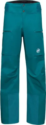 Türkisfarbene Stoney HS Pants Men von Mammut mit zwei Reißverschlusstaschen und Mammut-Logo auf dem linken Bein
