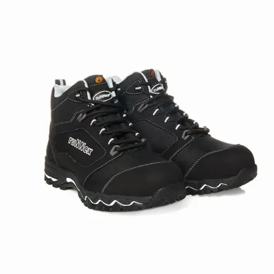 A pair of black work boots with white and gray accents, shown against a white background.