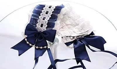 Produktbild von Blaues Lolita-Haarband im Zofenstil mit Schleife, Perlenkette und Gothic-Haarschmuck