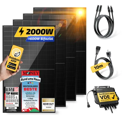 Produktbild von Balkonkraftwerk 2000W/800W Solaranlage Steckerfertig Komplettset Photovoltaik Anlage 800W, Kabellänge: 10m, Solakon - onPower